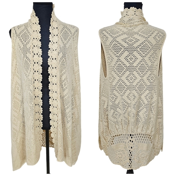 Rebecca Elliot Cottagecore Boho Tan Crochet Knit Open Front Vest Cardigan Small - Picture 2 of 13